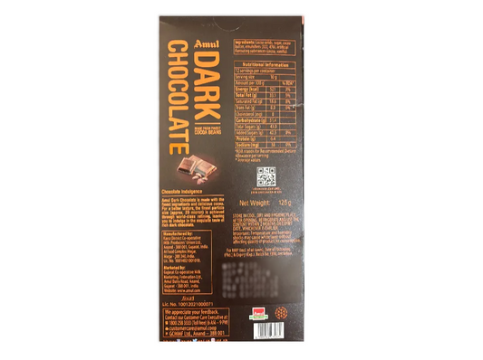 Amul 125g dark chocolate bar with rich cocoa flavour