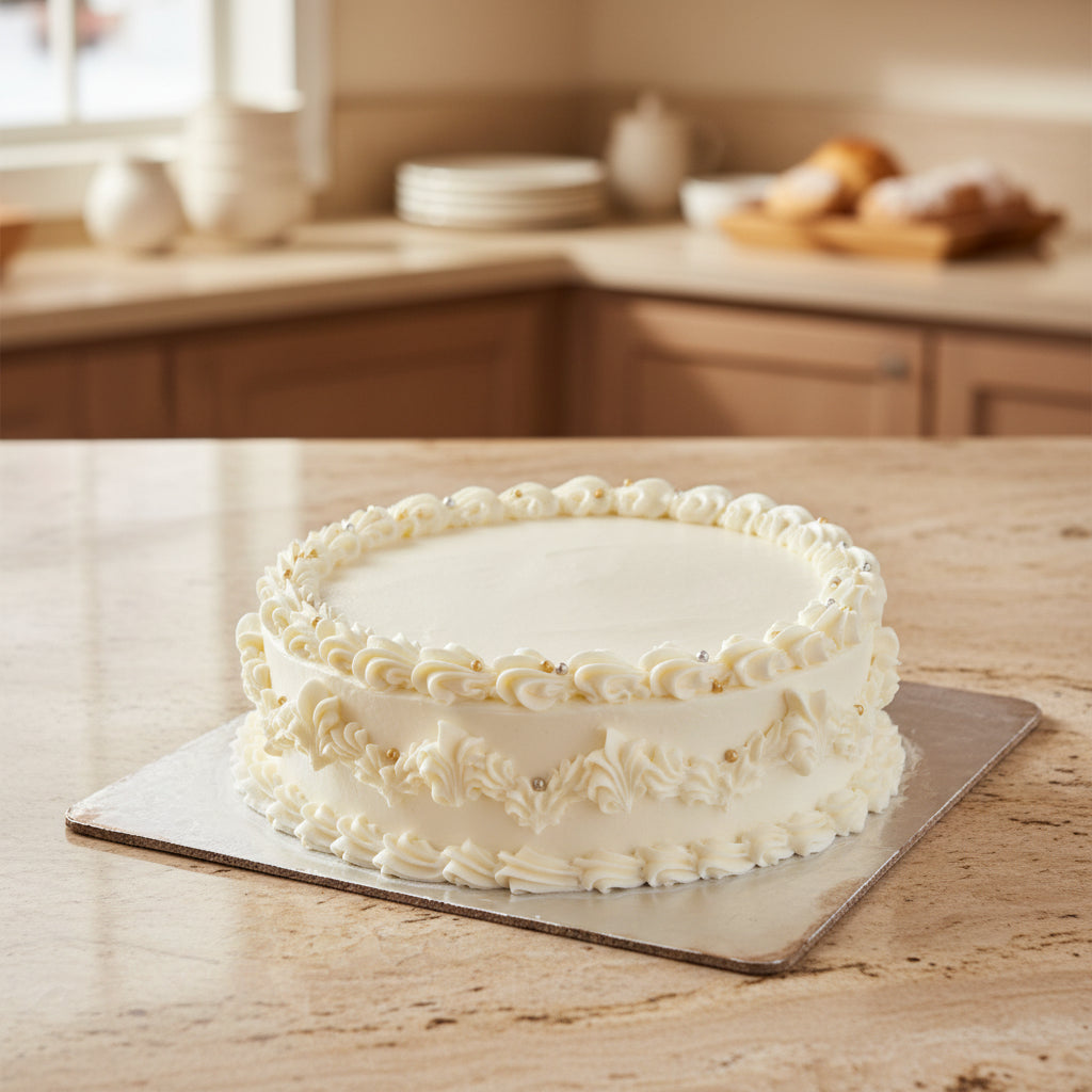 Soft and creamy White Forest Cake with vanilla sponge and white chocolate flakes. Perfect for cake delivery in Nepal.
