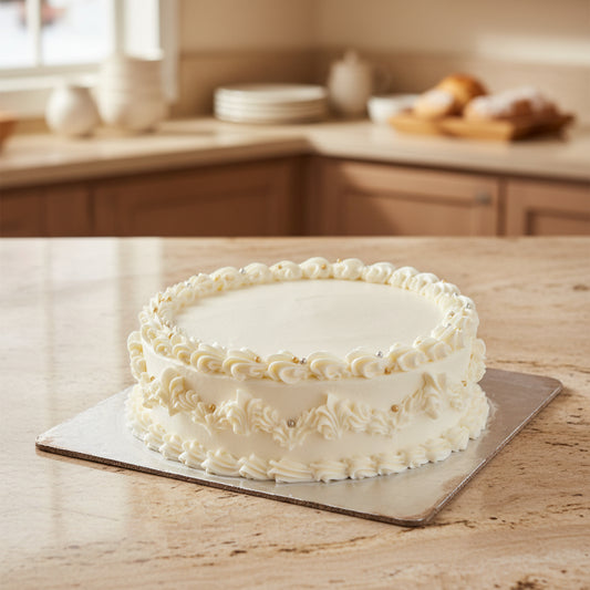 Soft and creamy White Forest Cake with vanilla sponge and white chocolate flakes. Perfect for cake delivery in Nepal.
