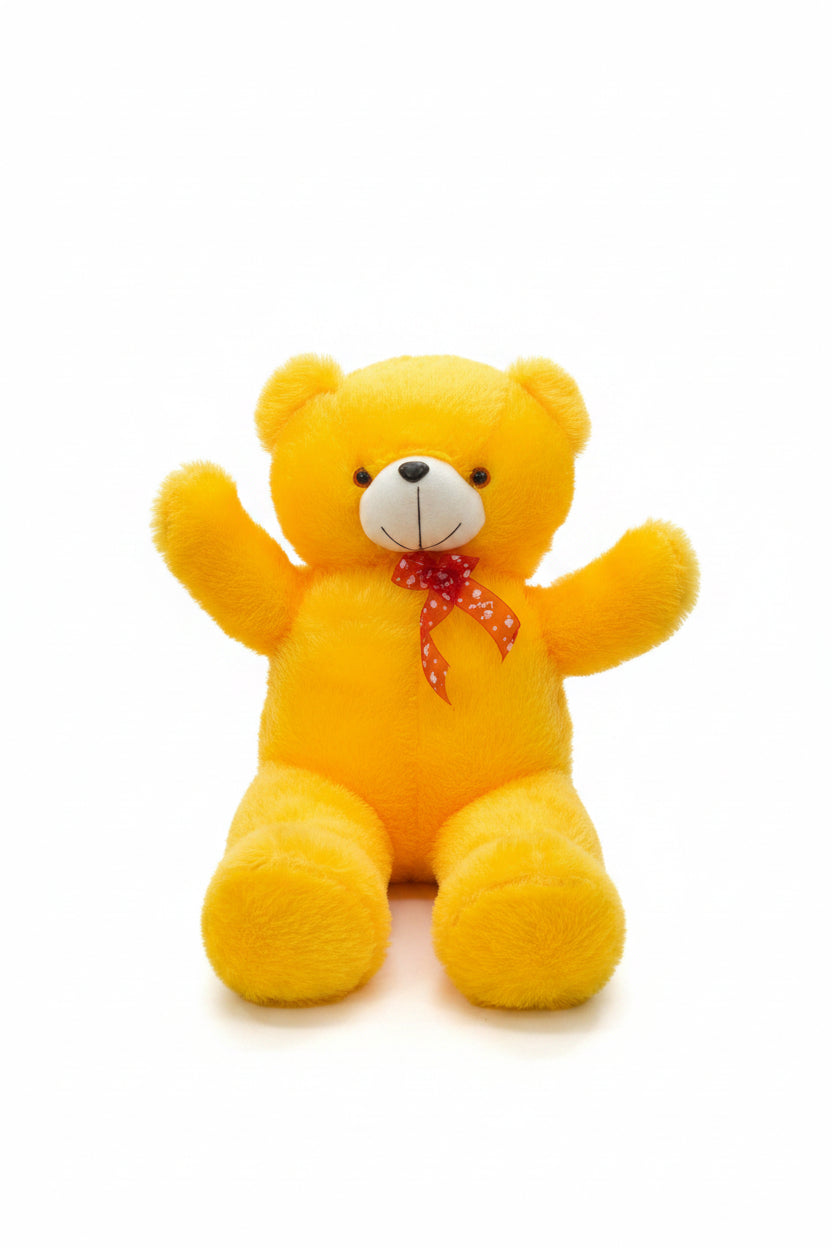 2ft yellow teddy bear soft toy with red bow and fluffy plush design