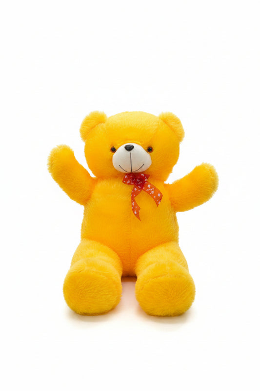 2ft yellow teddy bear soft toy with red bow and fluffy plush design