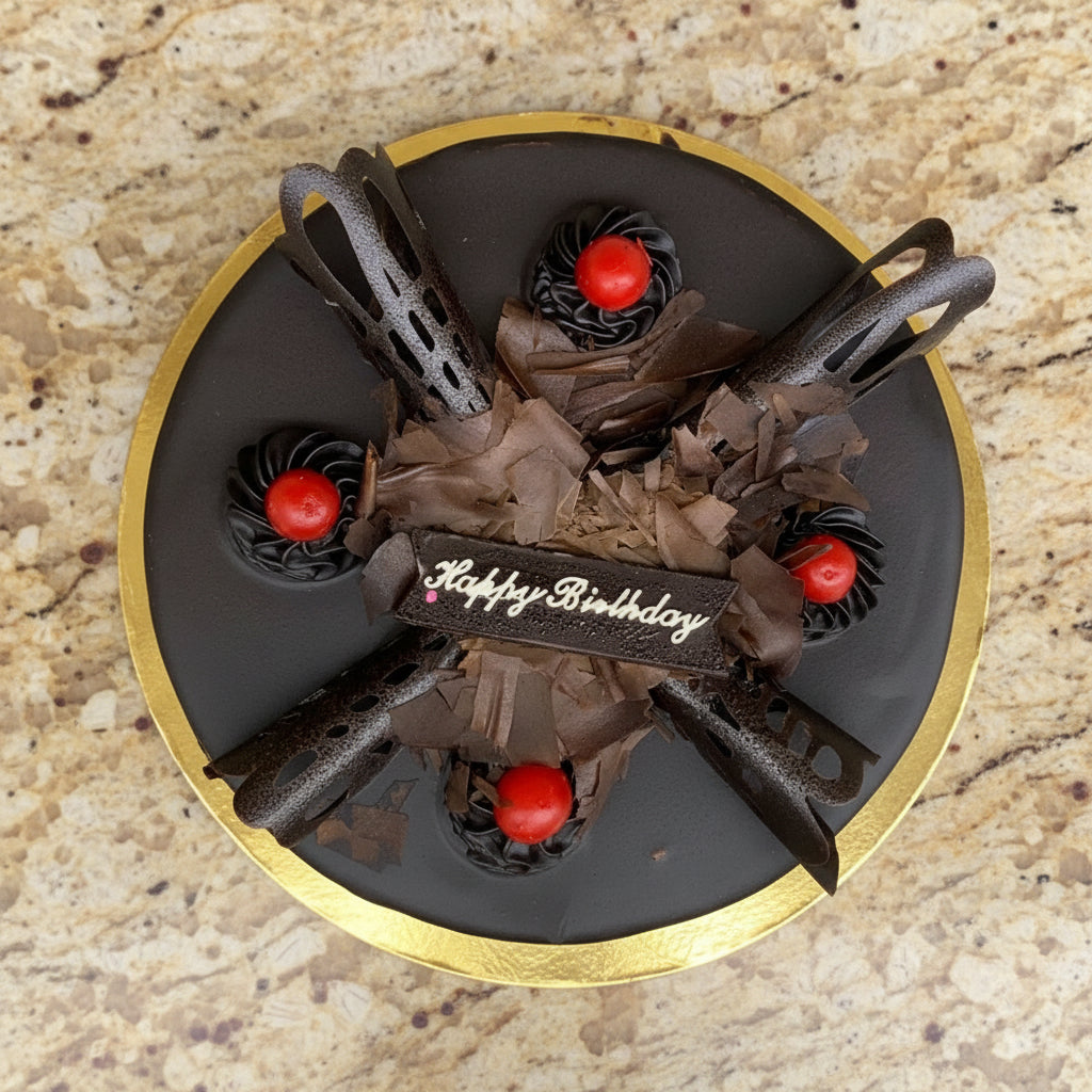 Black Forest Cake with chocolate sponge, whipped cream, chocolate flakes and cherries for cake delivery in Nepal