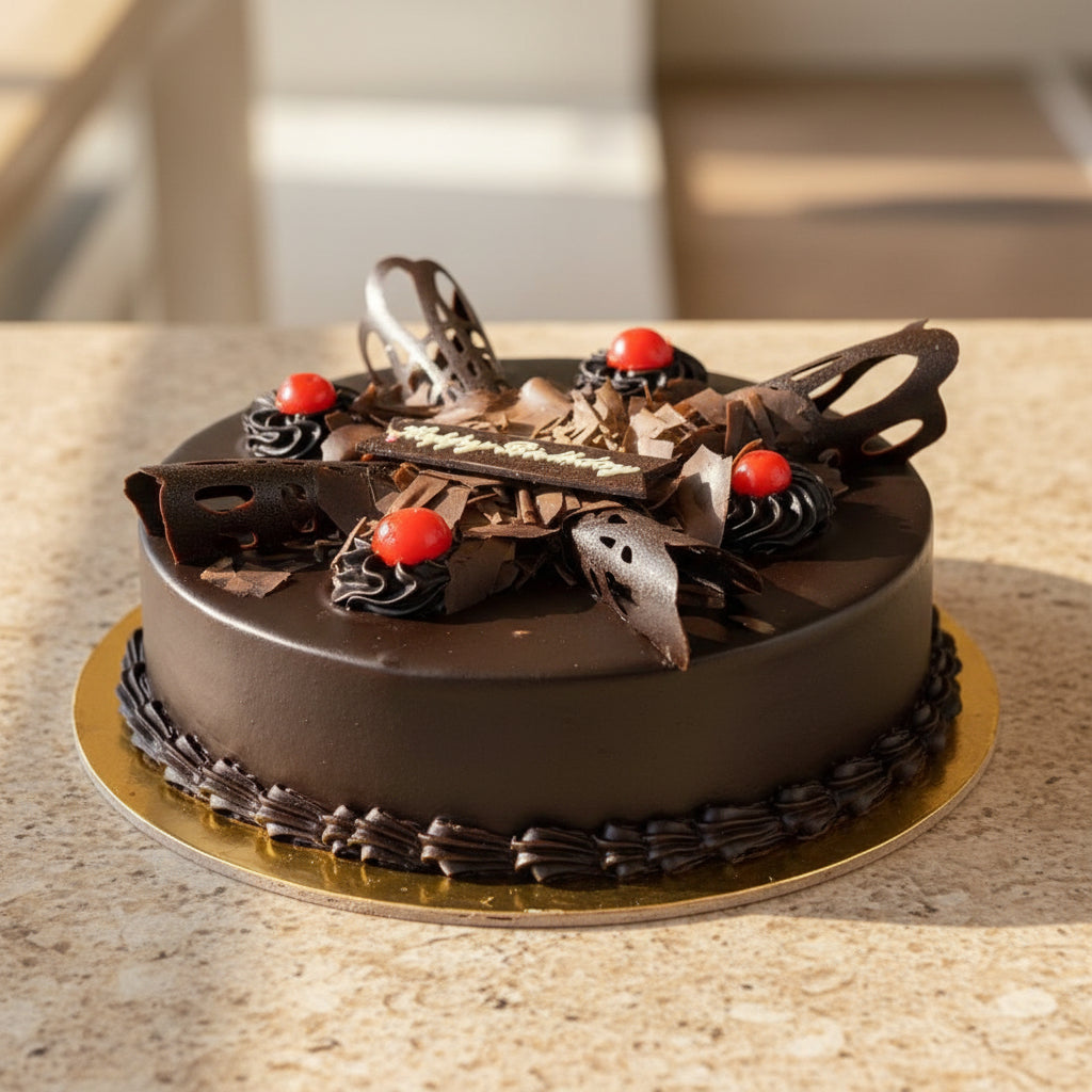 Classic Black Forest Birthday Cake decorated with chocolate shavings and cherries available for online delivery in Kathmandu