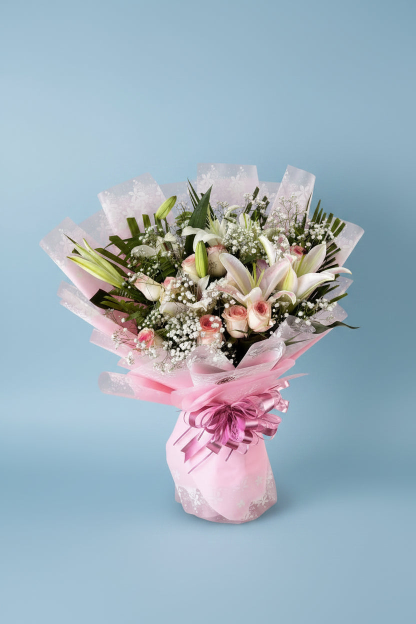 Premium white lily and white rose bouquet available for gift delivery across Kathmandu and Nepal.