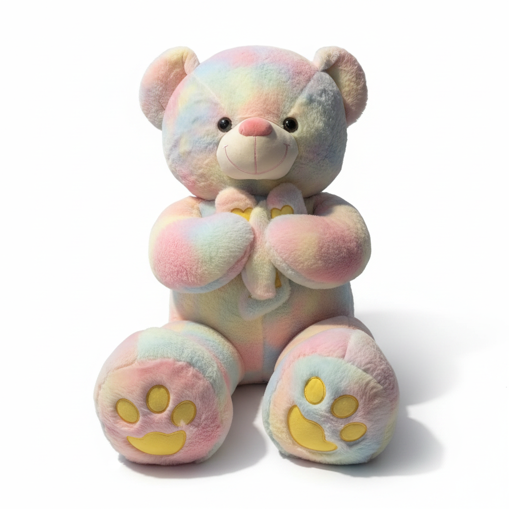 Large 4ft pastel rainbow teddy bear with soft plush fur and cute face