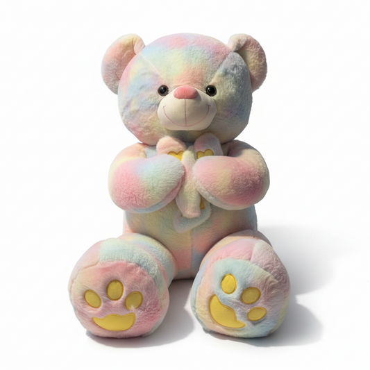 Large 4ft pastel rainbow teddy bear with soft plush fur and cute face